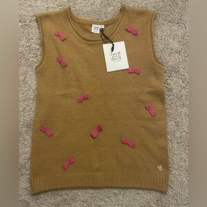 Deux par Deux Tan Knit Vest Golden Brown Girls Size 12 Pink Bow Accents NWT